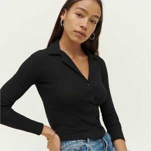 Reformation Irina Ribbed Button Front Top – Black – XS